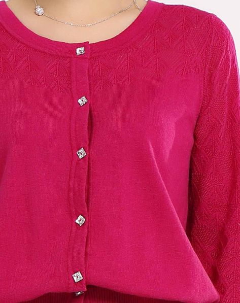 德黎格尔羊绒男女混合专场女士<em>玫红</em>镂空<em>圆领</em>开