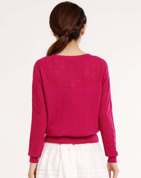 德黎格尔羊绒男女混合专场女士<em>玫红</em>镂空<em>圆领</em>开