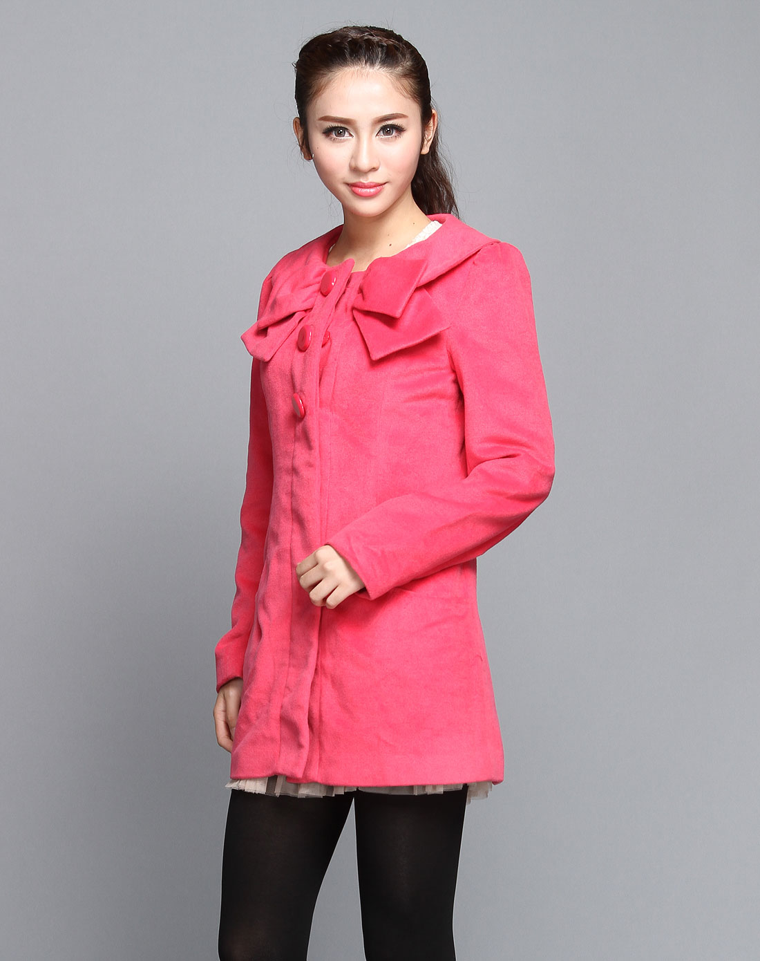 桃红色绒面时尚长袖大衣