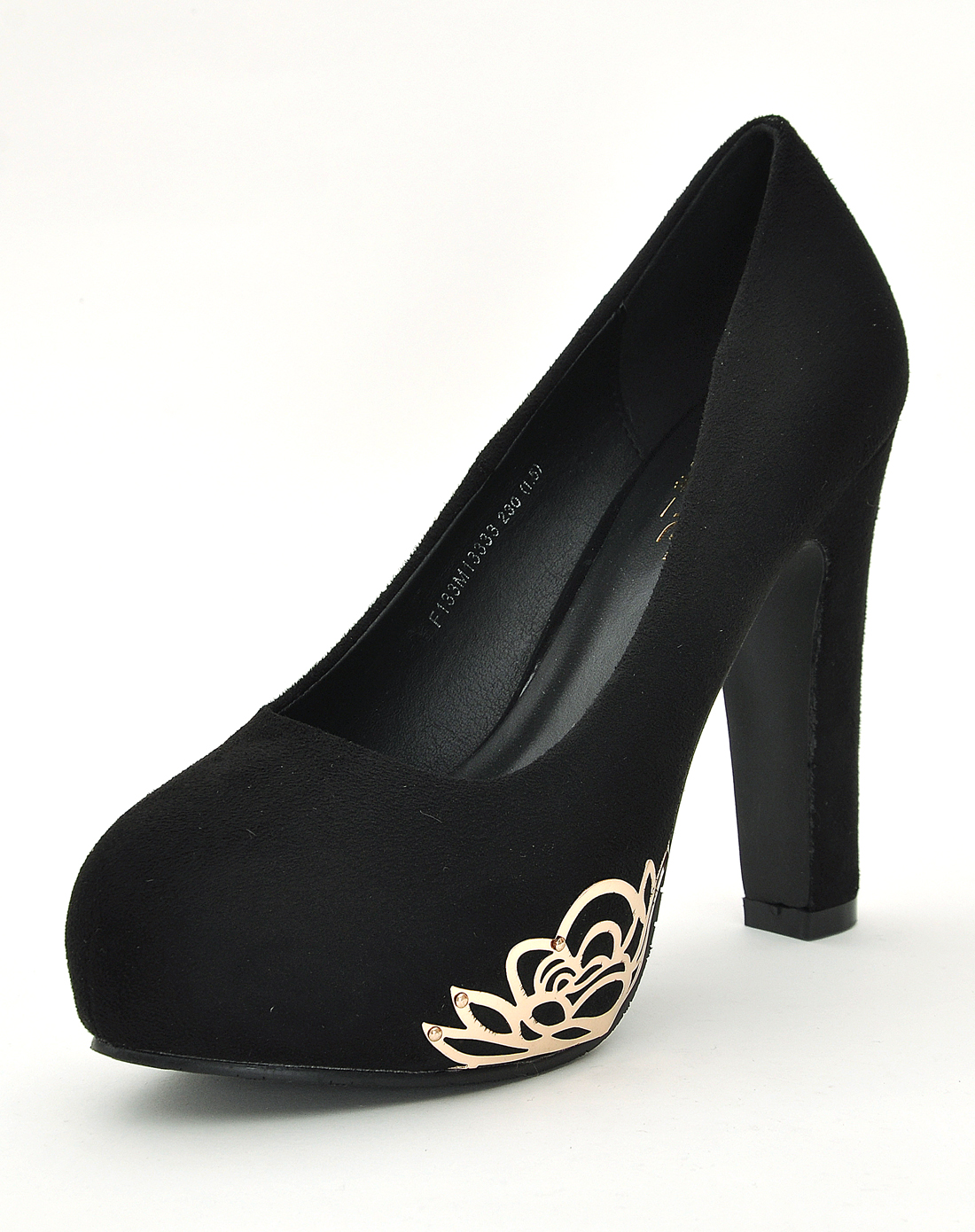 女款黑色加密绒圆头粗跟单鞋