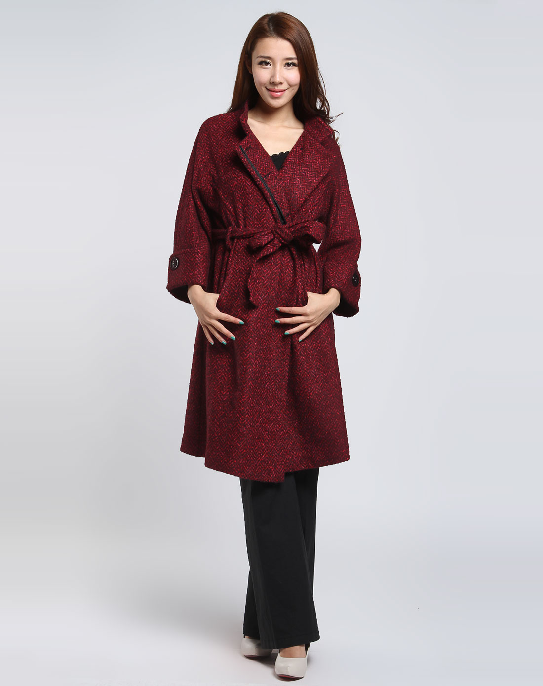 女款桃红/黑色时尚长袖大衣