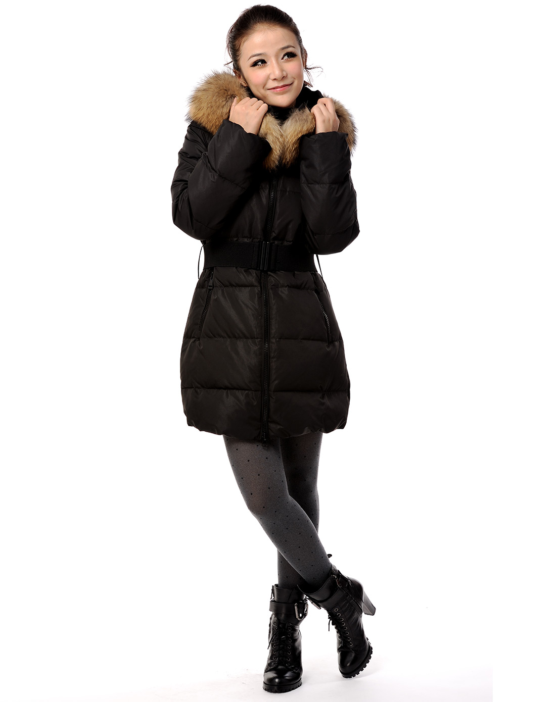 冰飞女款中长款带毛领修身腰带羽绒服