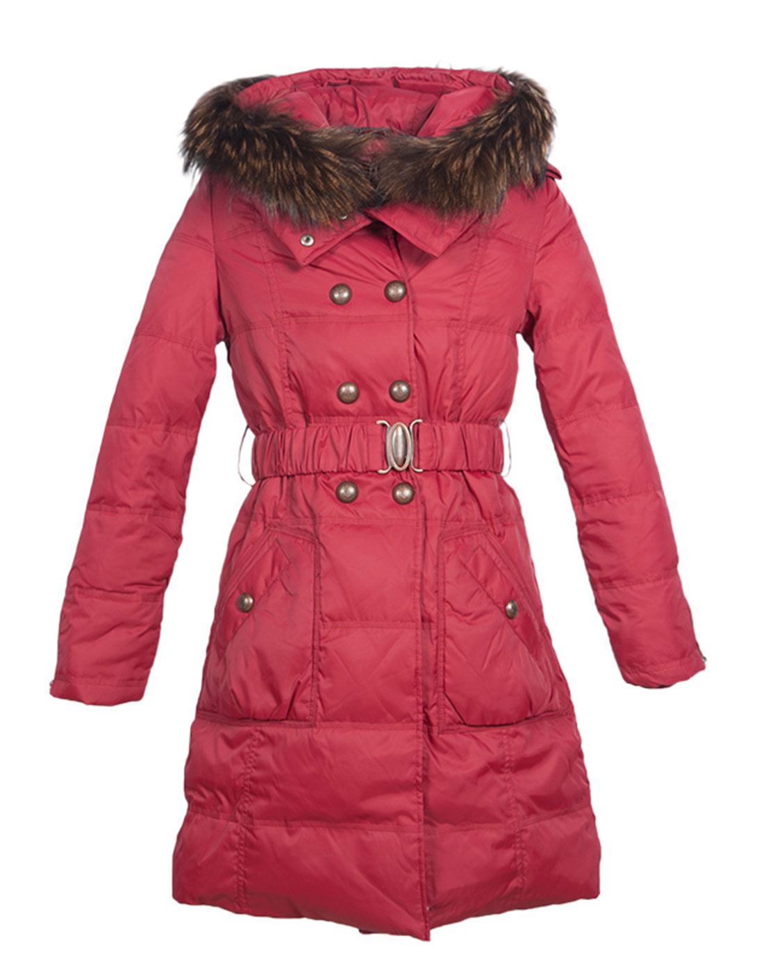 冰飞女式收腰修身带毛领羽绒服