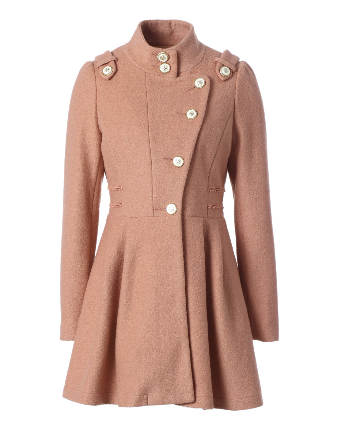osa 肉粉色单排扣立领毛呢外套