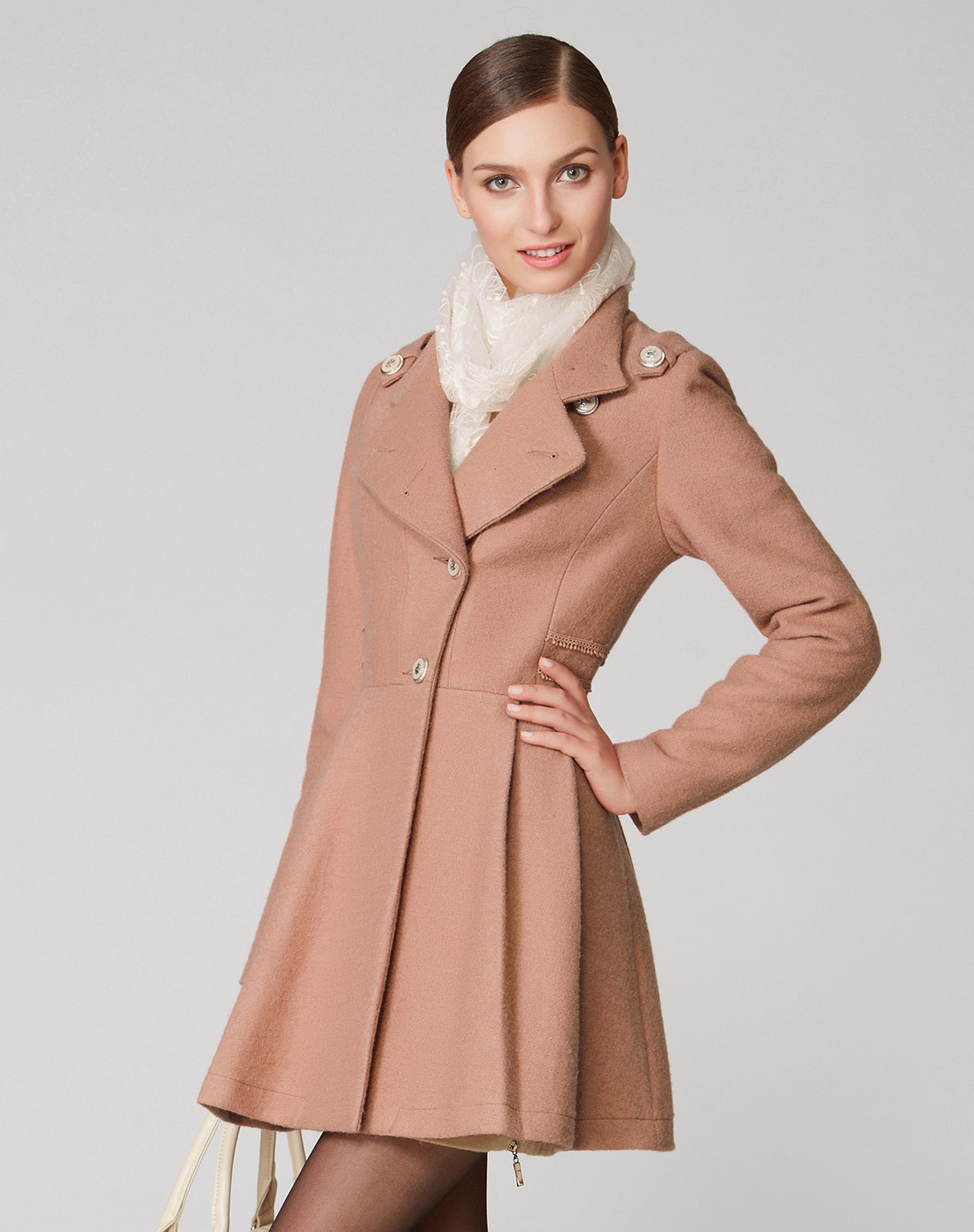 osa 肉粉色单排扣立领毛呢外套