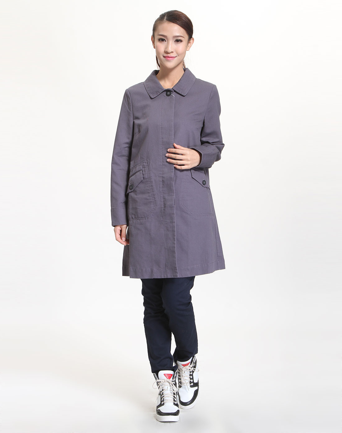 浅紫灰色宽松版长款长袖外套