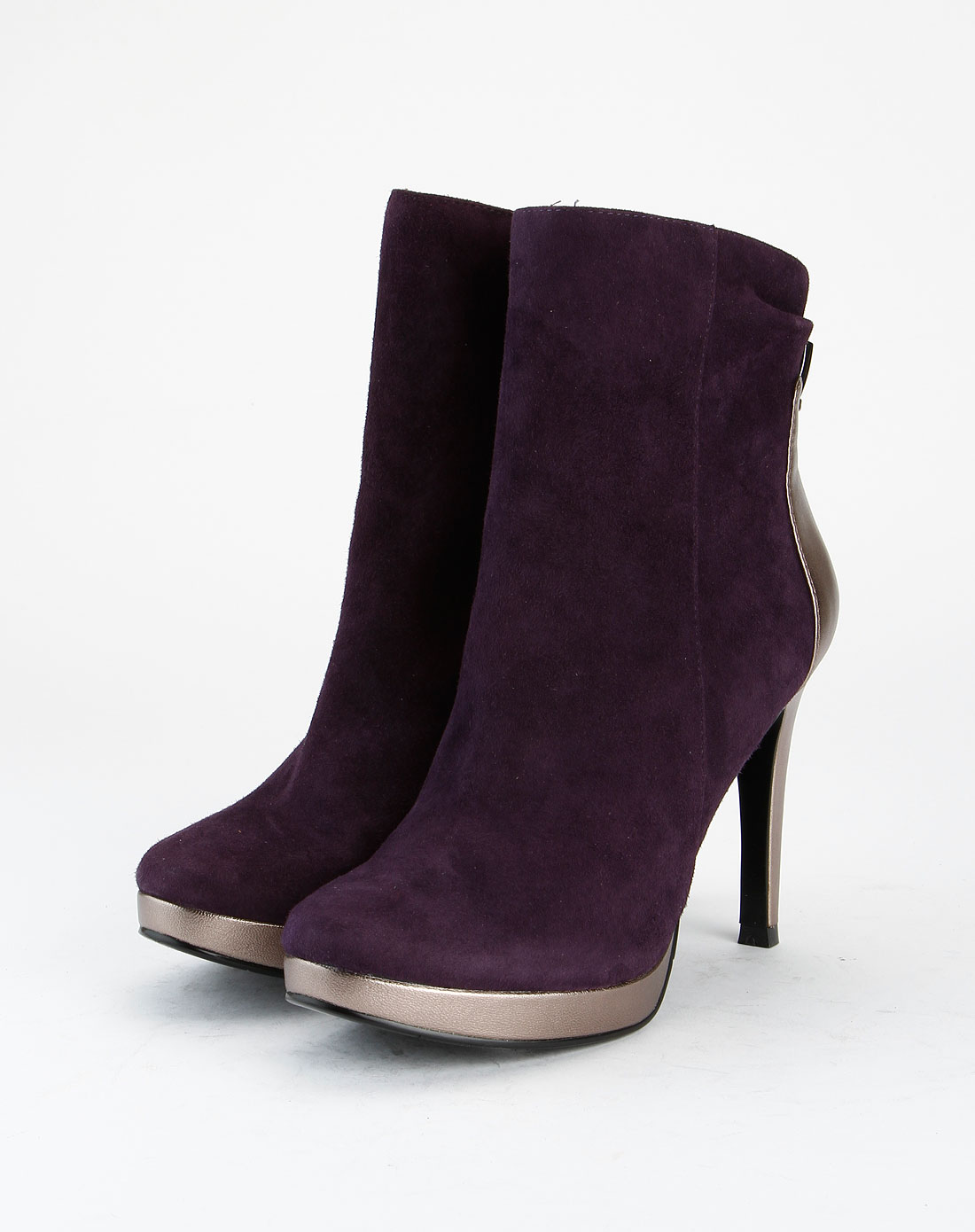 紫黑色拉链时尚高跟短靴