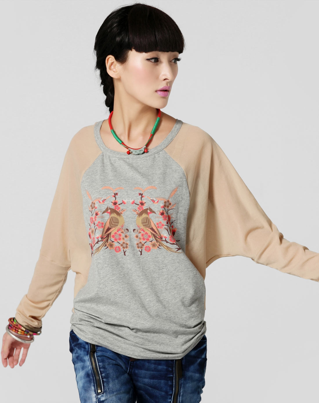 裂帛 灰色拼接蝙蝠袖宽松针织印花t恤