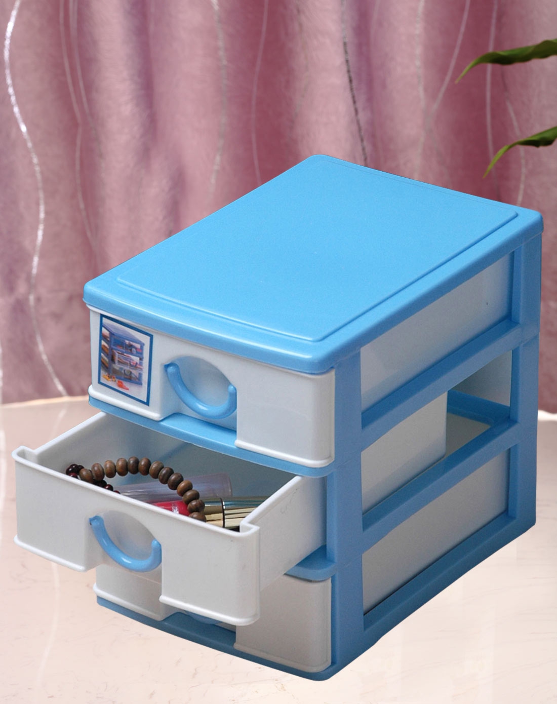 韩式素色三层收纳盒蓝色