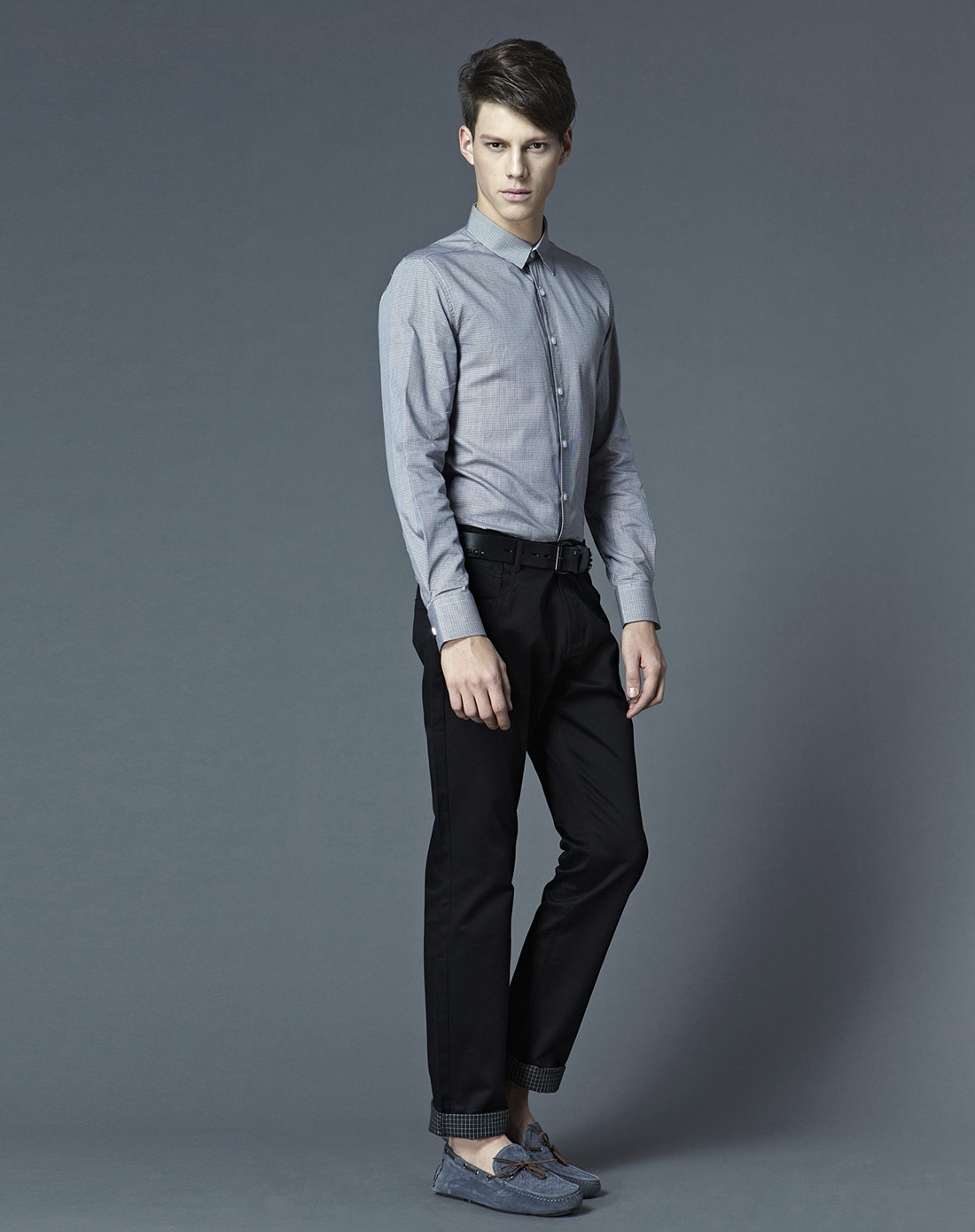 男款黑白格时尚修身休闲长袖衬衫