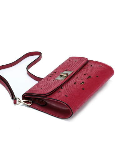 依思q/女款玫红色民族风绣花斜挎包