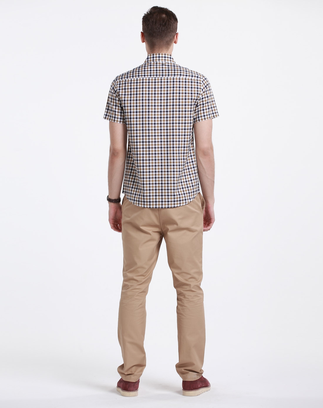 格子休闲卡其蓝色短袖衬衫