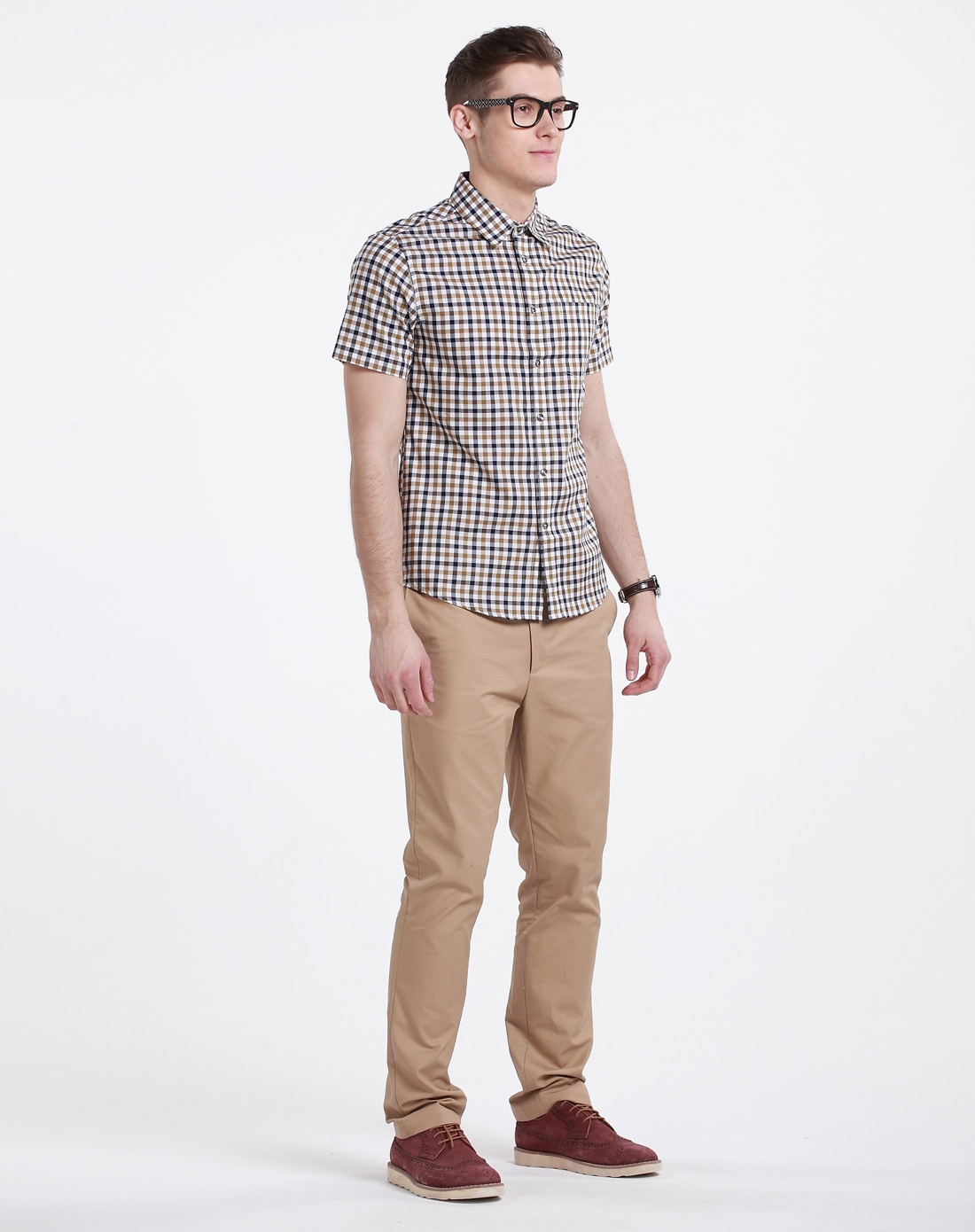 格子休闲卡其蓝色短袖衬衫