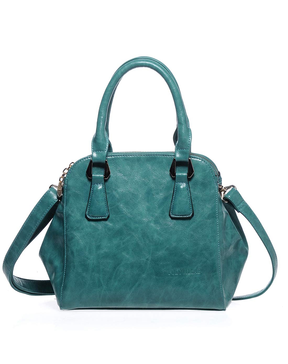 蓝绿色腊油皮三夹层手拎斜挎女包