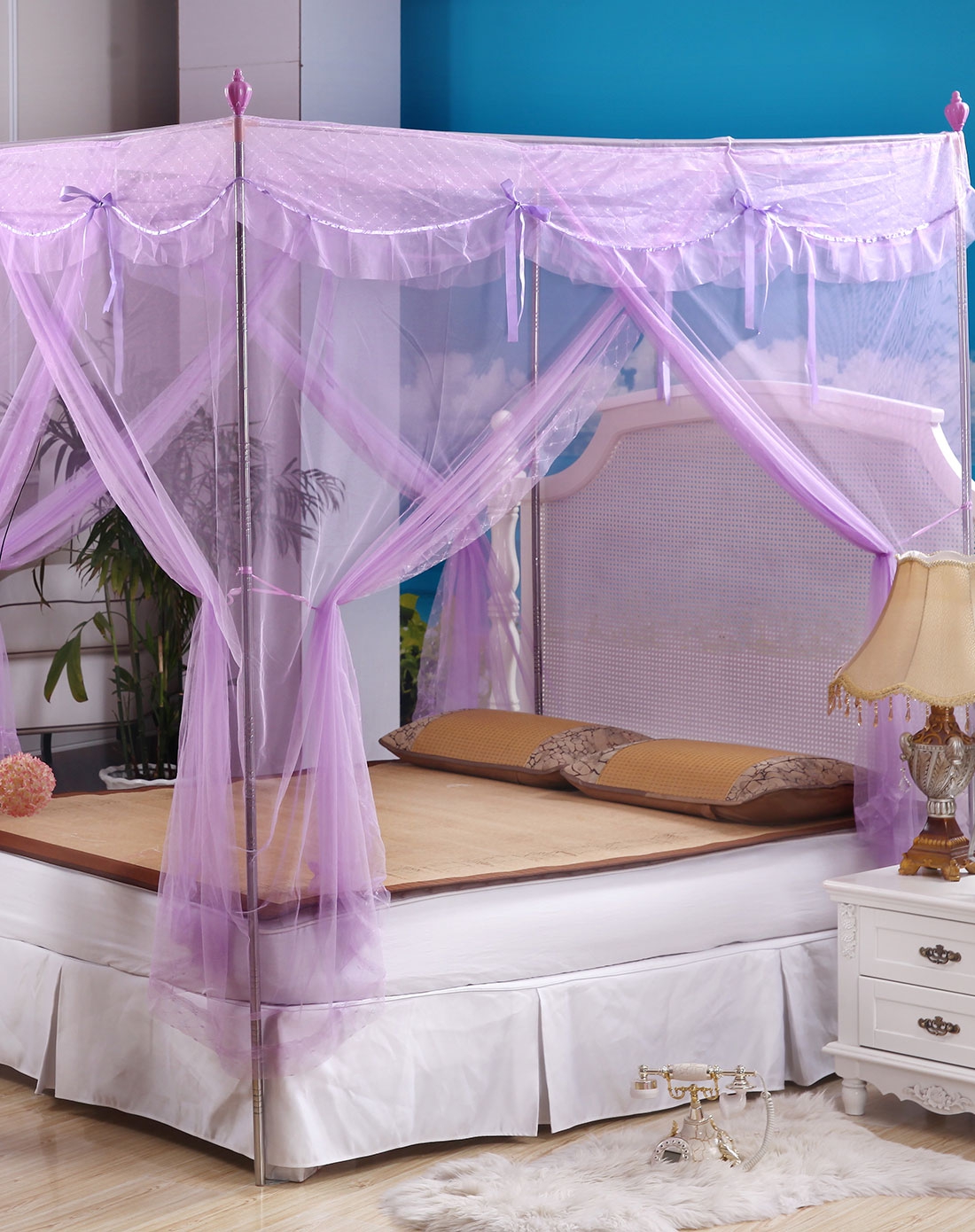 豪华宫廷不锈钢三开门蚊帐(1.5米床用)—花开富贵(紫)