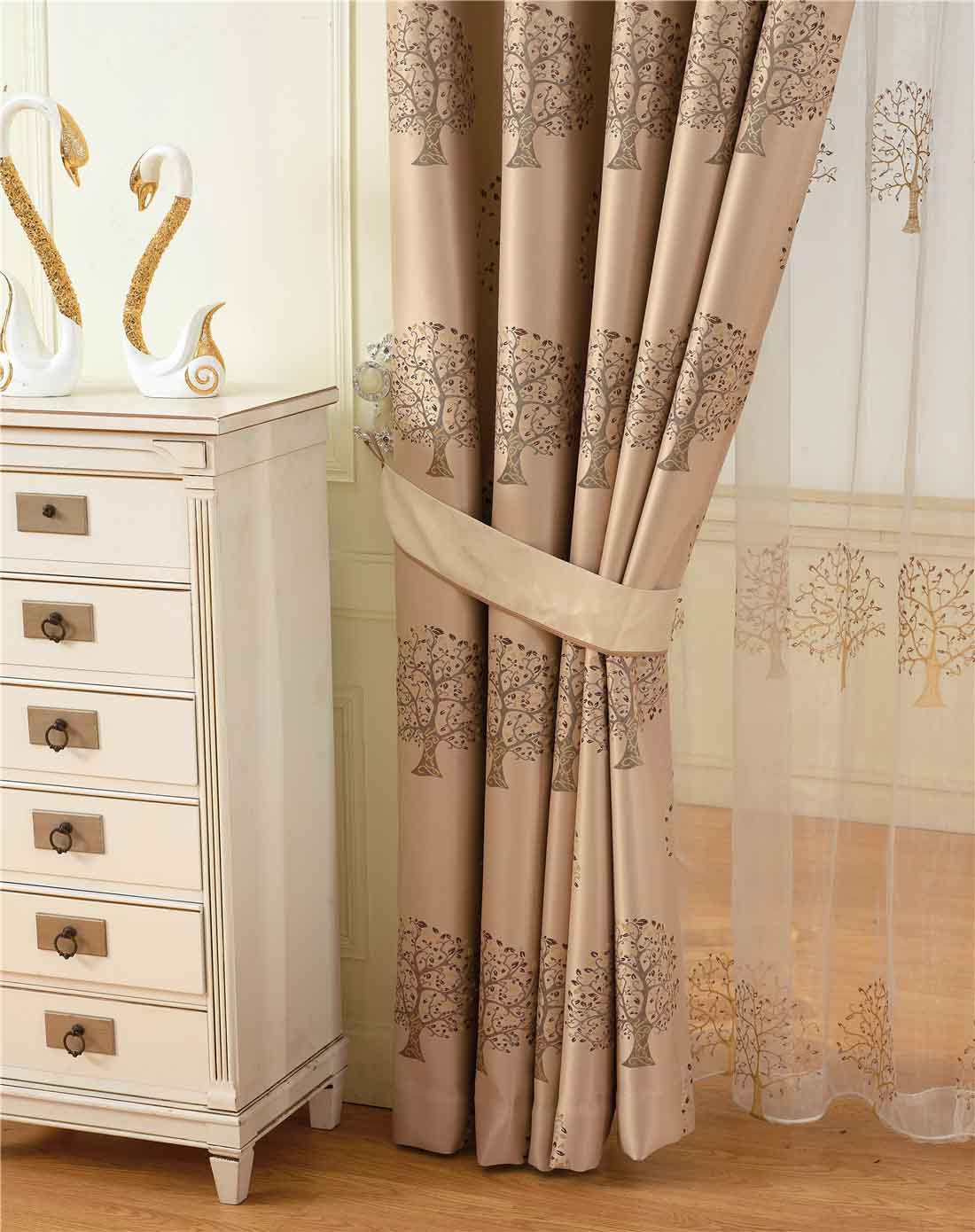 发财树咖啡色窗帘挂钩型300x270cm两片