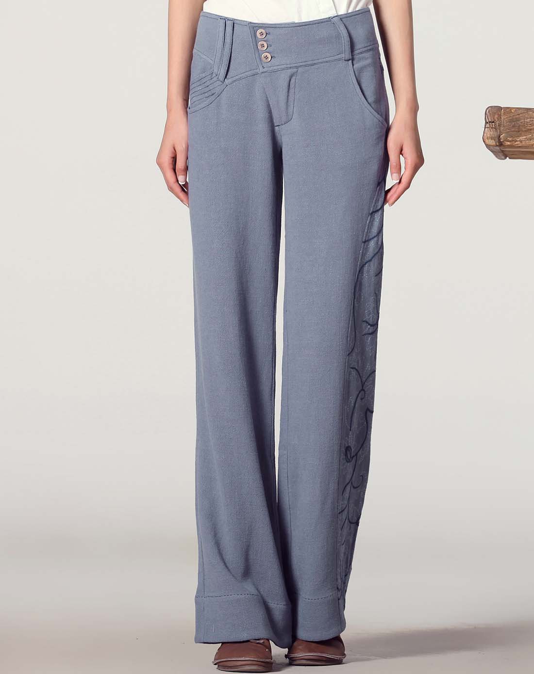 蓝色绣花阔腿裤显瘦休闲裤