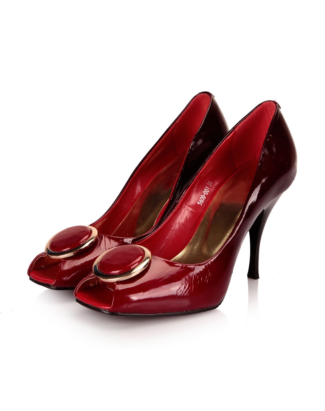 红色漆皮方扣方头时尚高跟鱼嘴鞋