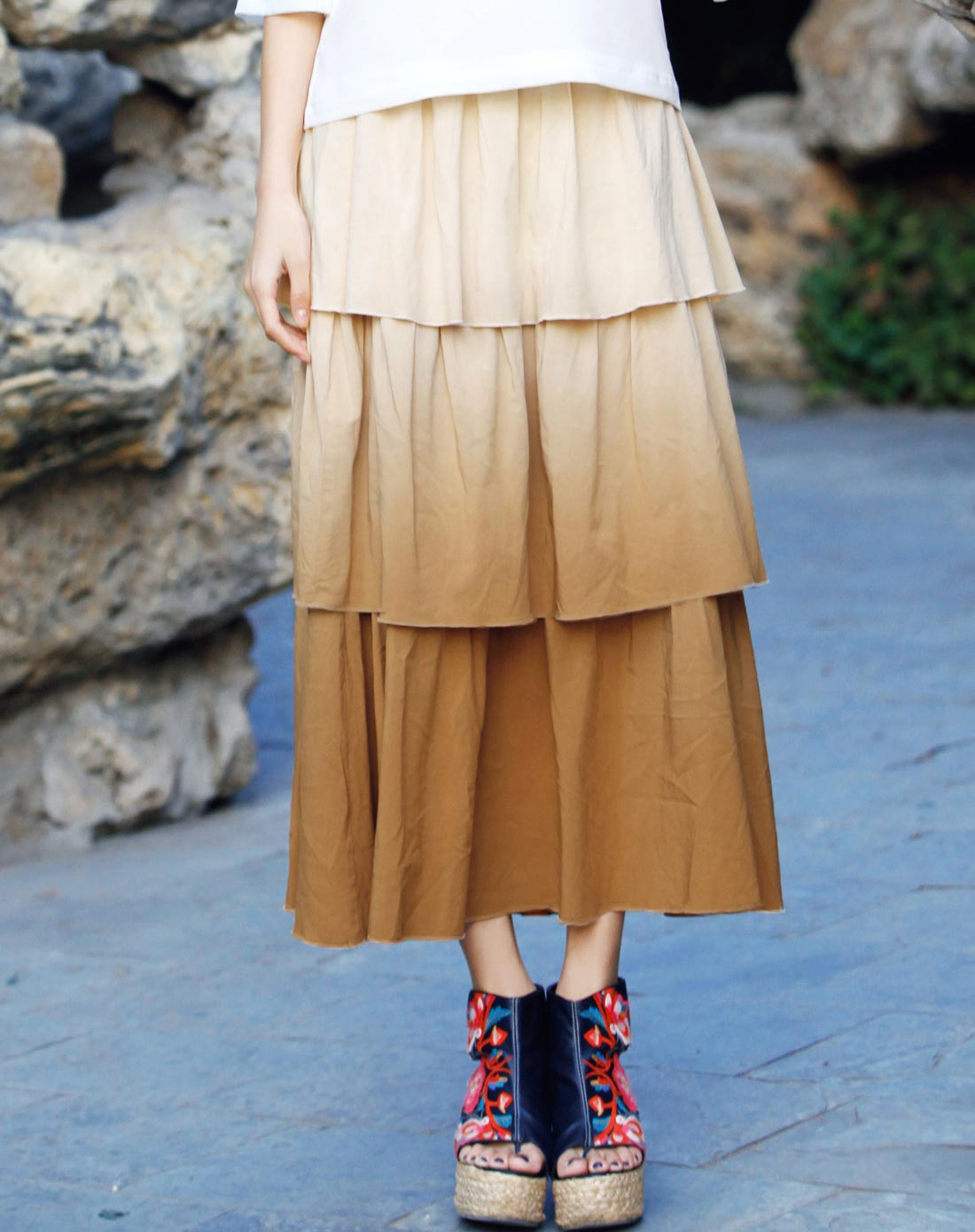 裂帛 黄色吊染渐变色三层塔裙半身裙