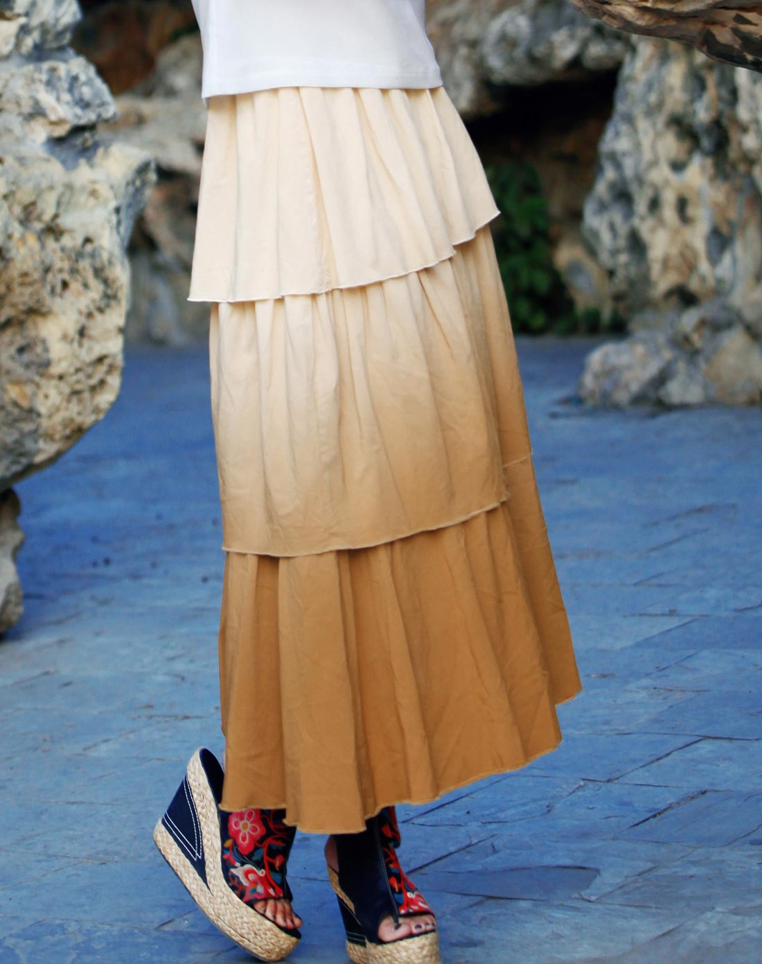 裂帛 黄色吊染渐变色三层塔裙半身裙