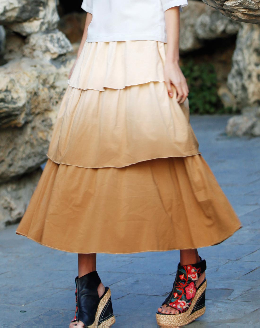 裂帛 黄色吊染渐变色三层塔裙半身裙