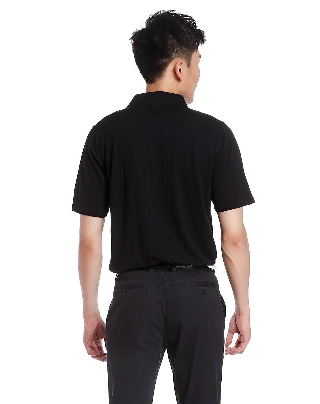 男款纯黑色简单大方翻领短袖针织衫