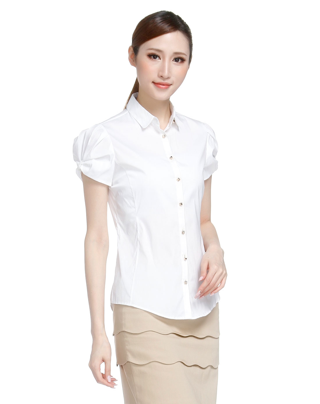 女款白色斯文翻领短袖衬衫