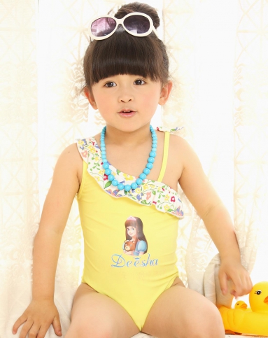 女童柠檬黄泳衣