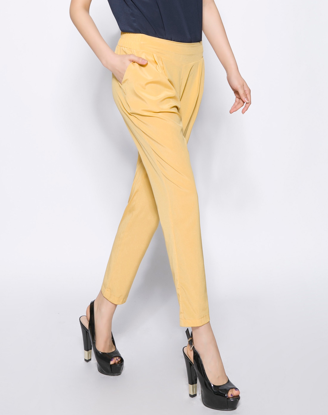 真丝黄色时尚素雅清新显瘦九分裤