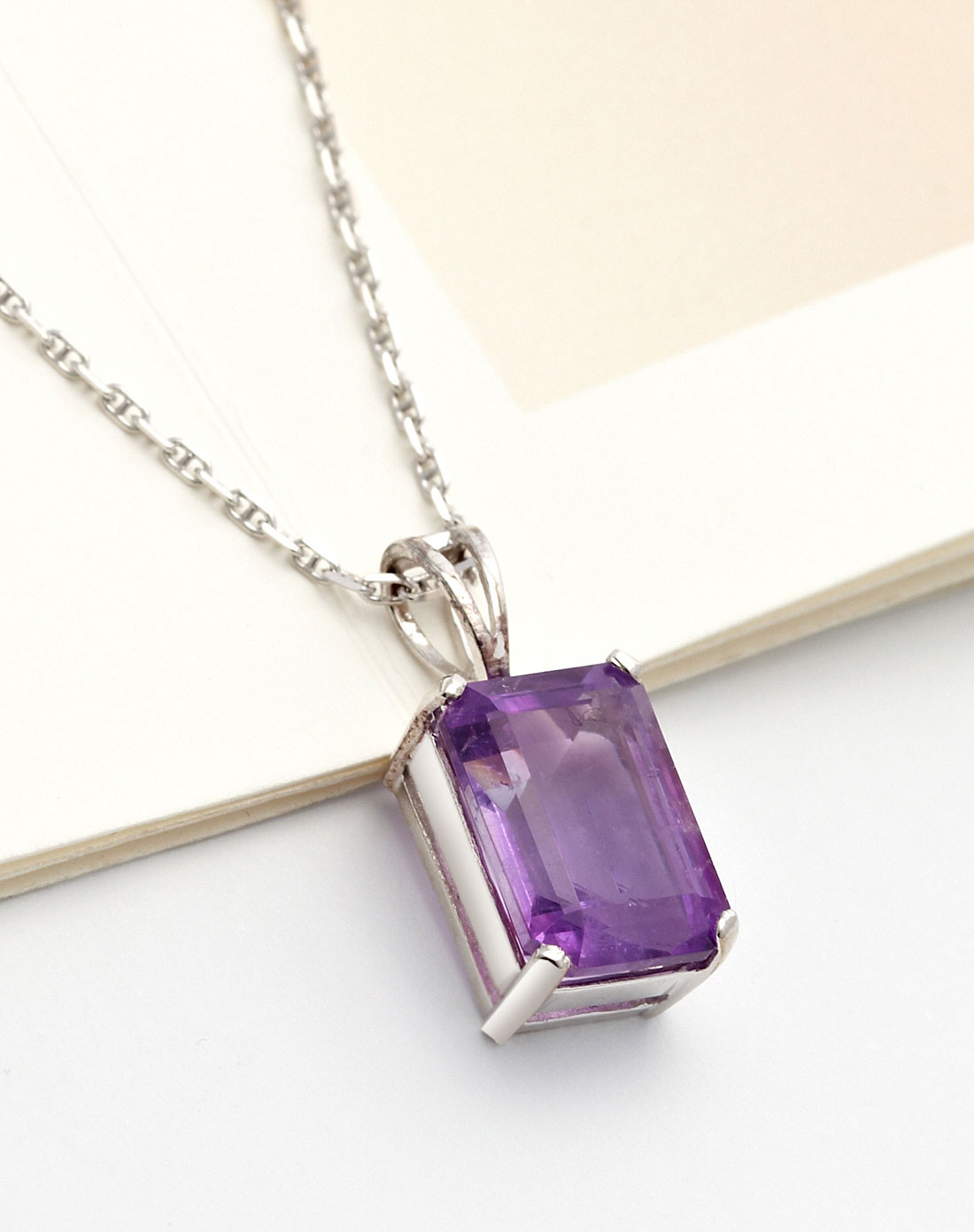 925纯银天然紫水晶吊坠方晶