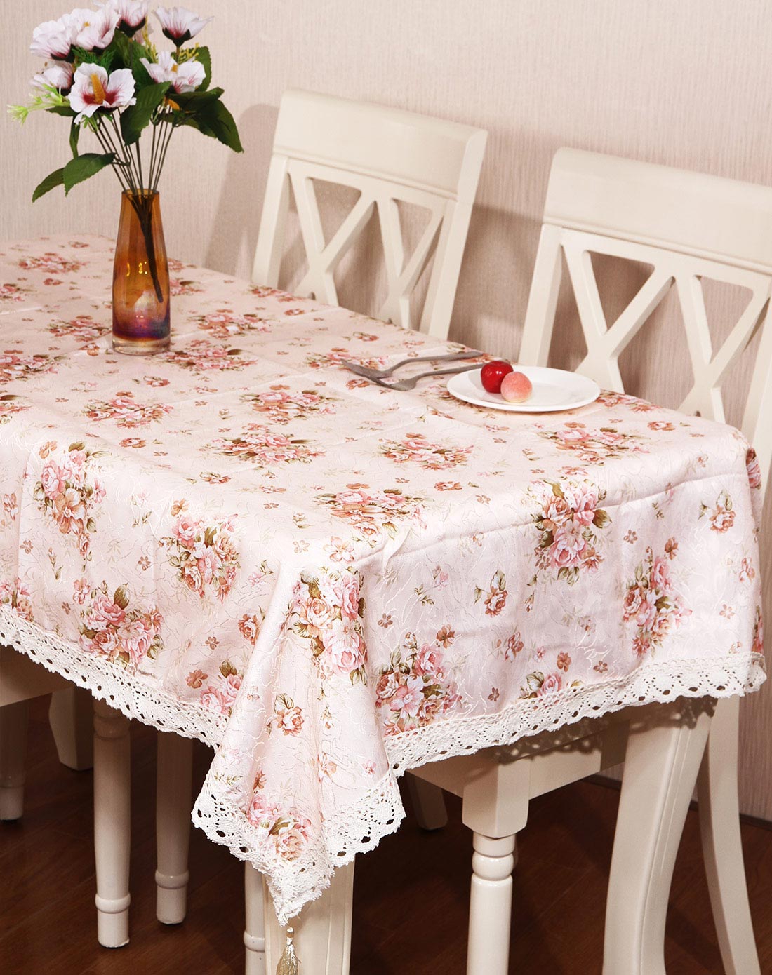 粉色玫瑰花绣花桌布