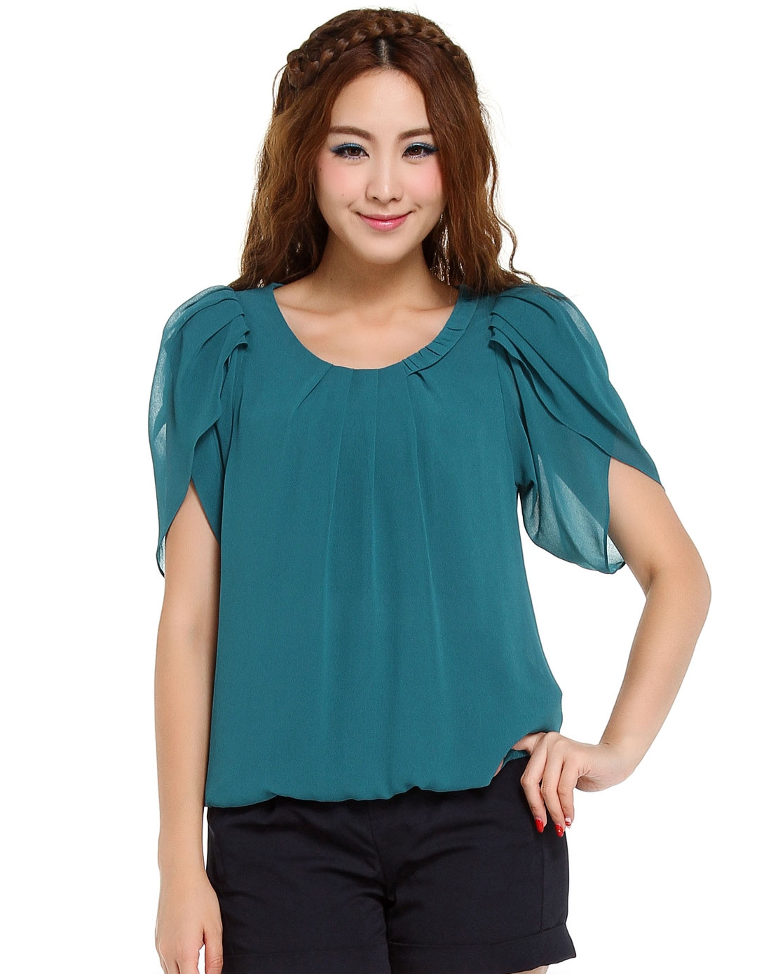 蓝绿色休闲百搭短袖上衣