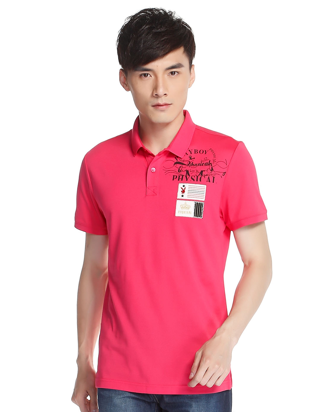 男款玫红色短袖polo衫 休闲绣印章