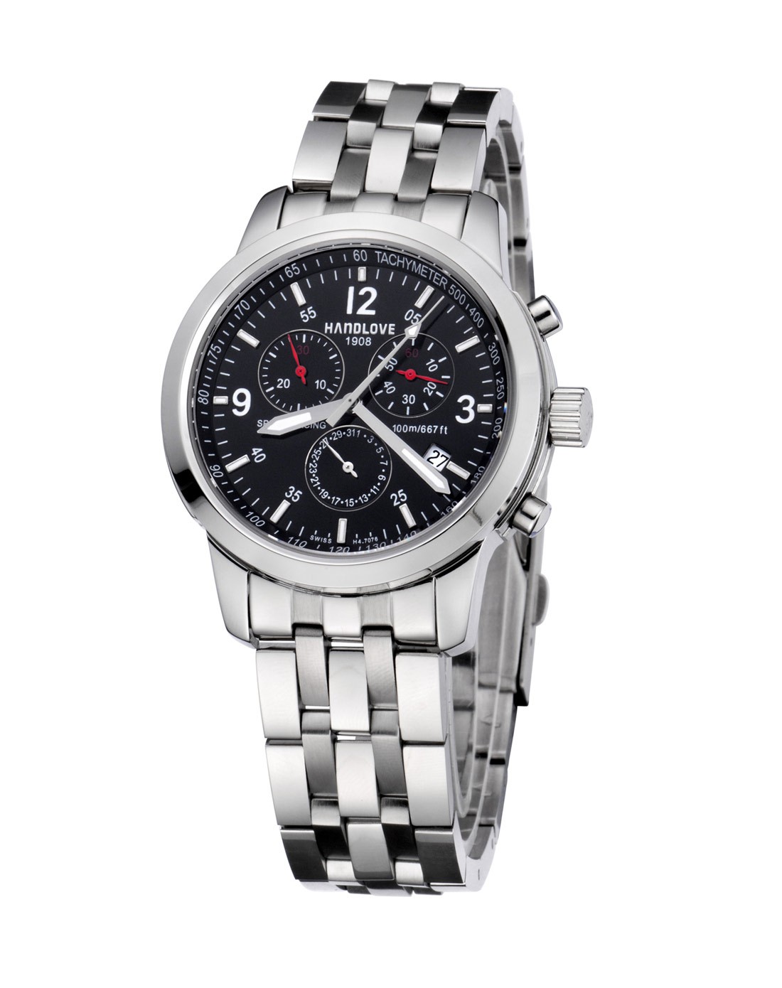 男款黑/银色多功能三眼计时全钢腕表
