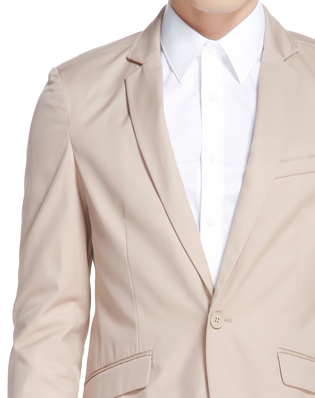 男款杏色休闲翻领长袖西装