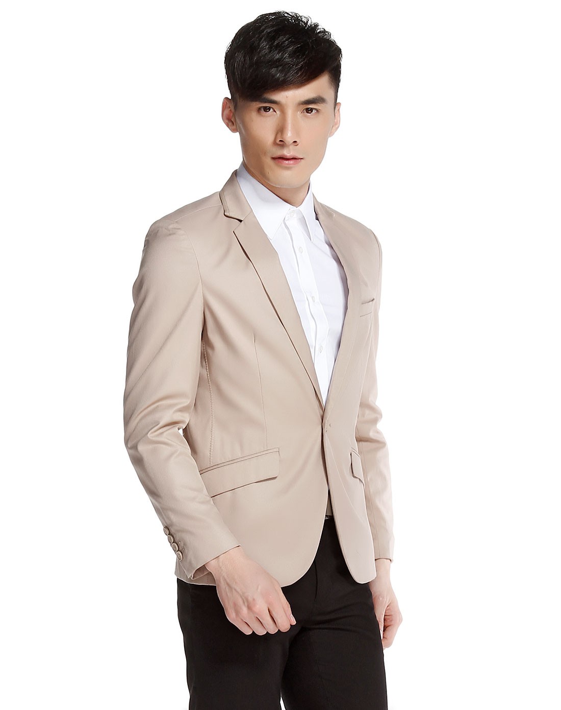 男款杏色休闲翻领长袖西装
