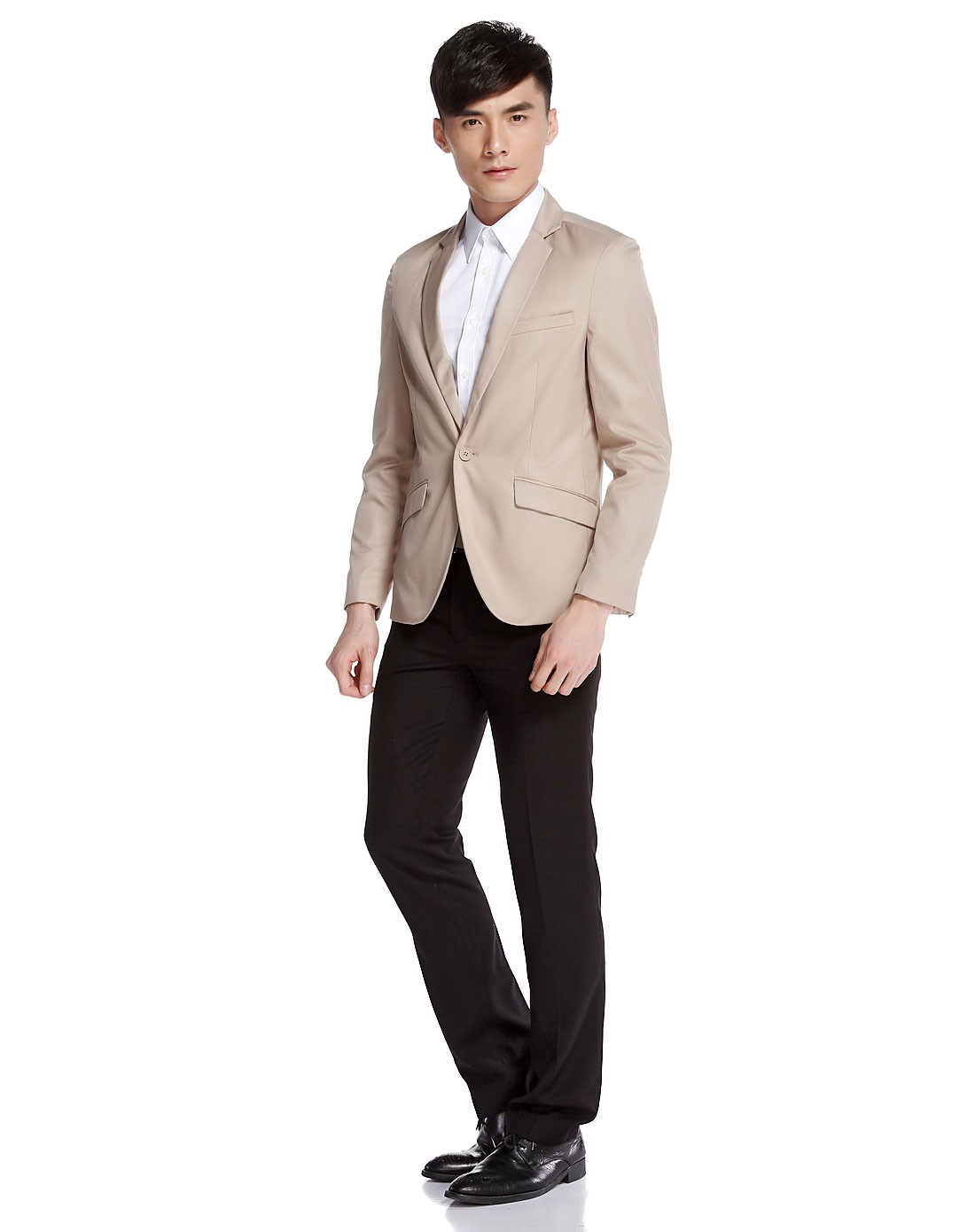 男款杏色休闲翻领长袖西装