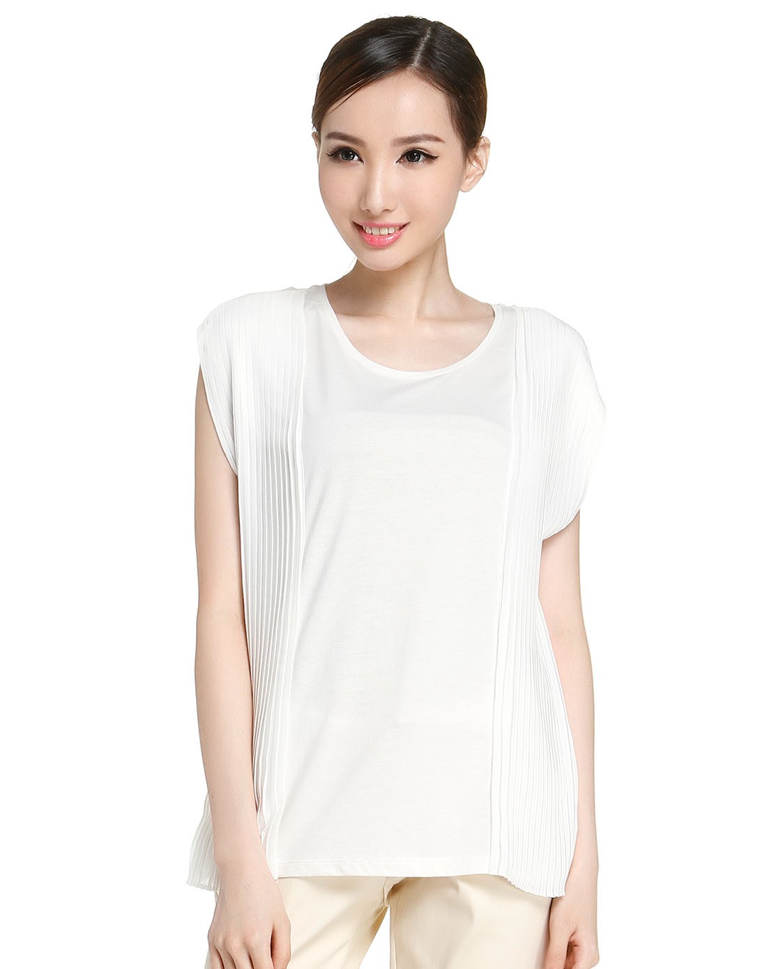 女款白色百褶圆领无袖上衣