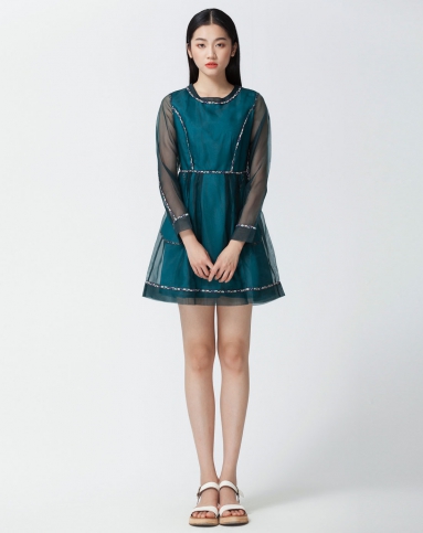 (新品)绿松石色时尚大方长袖连衣裙