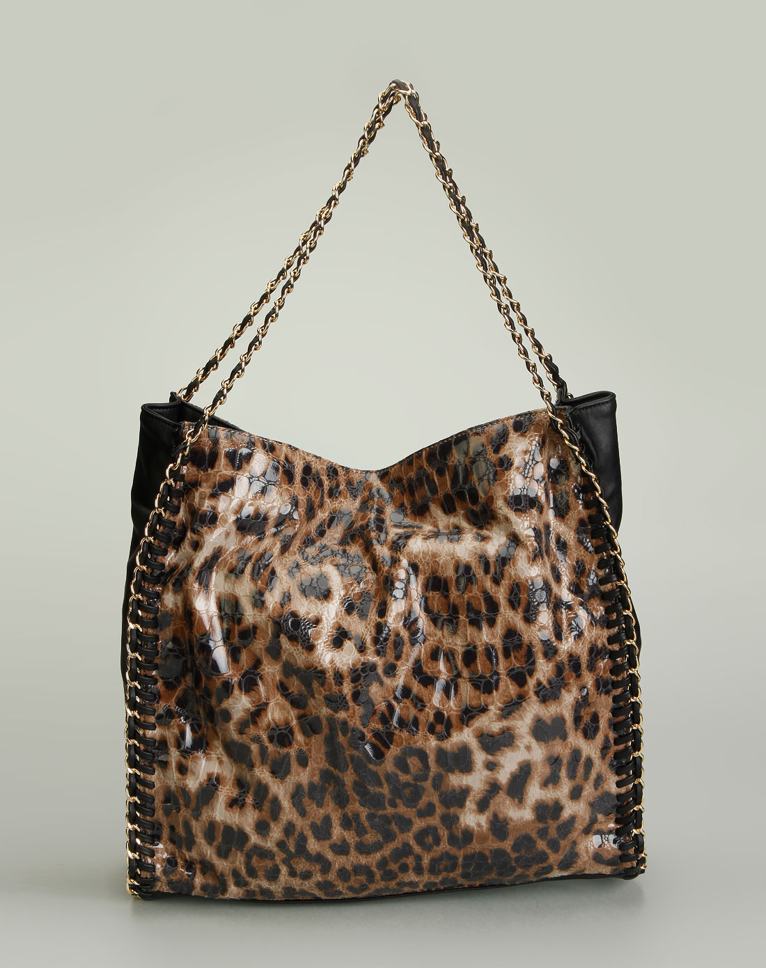 女款棕黑色豹纹漆皮链条单肩包