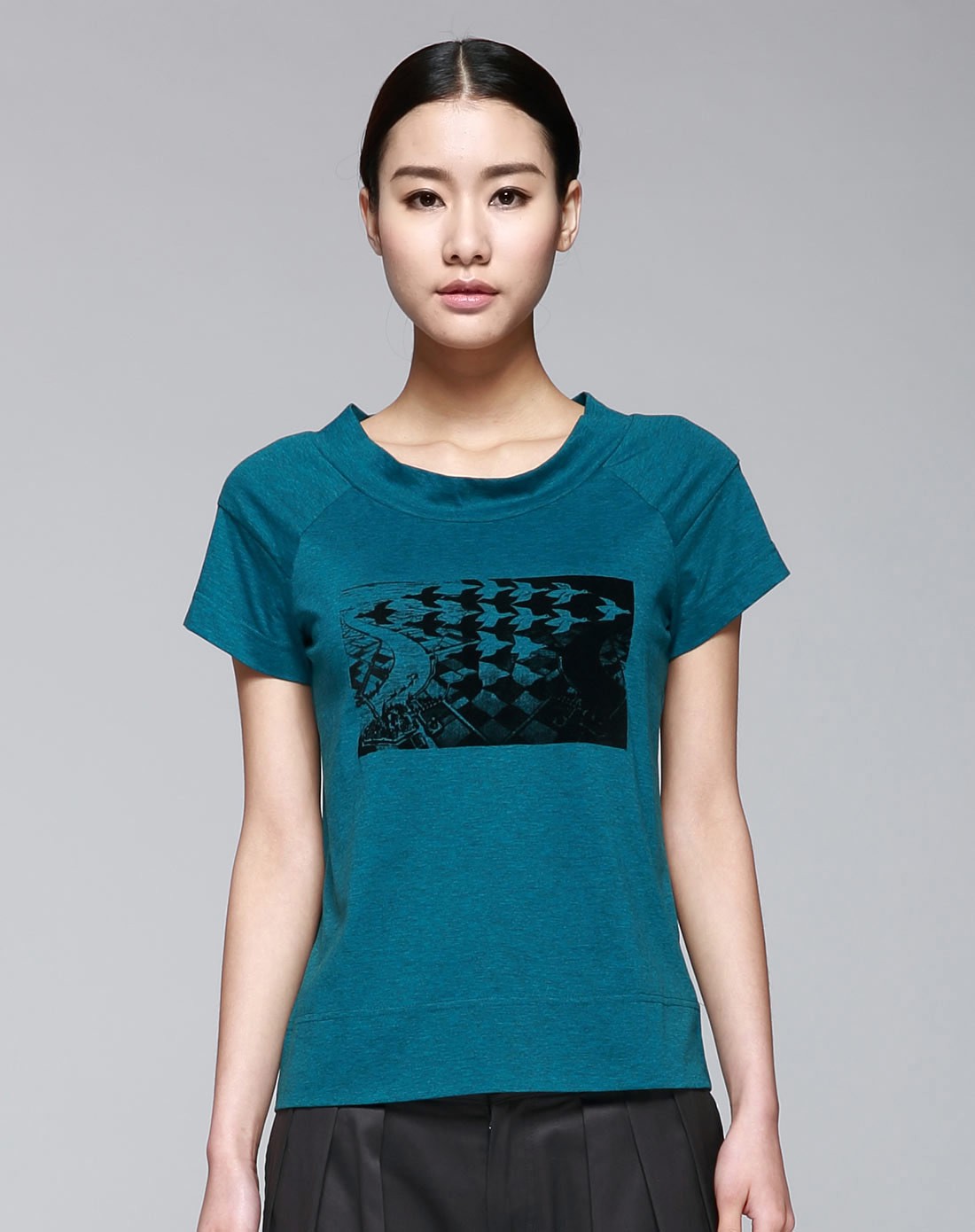 深青绿色圆领印图短袖t恤-唯品会