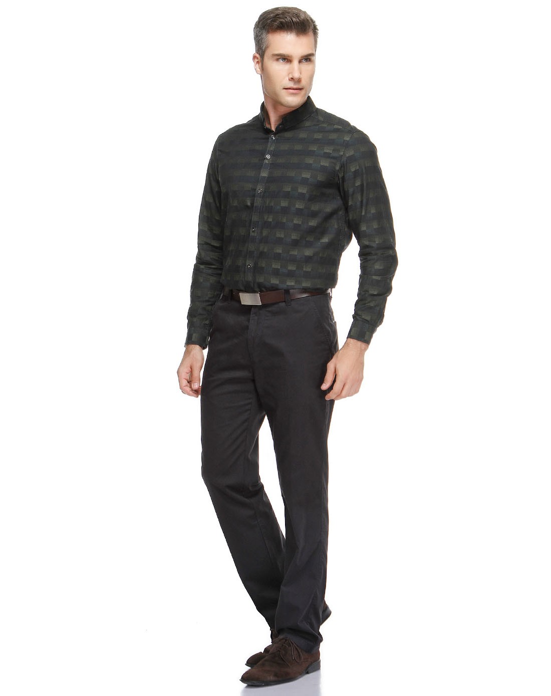 莱克代尔laico dire绿色格纹翻领长袖衬衫