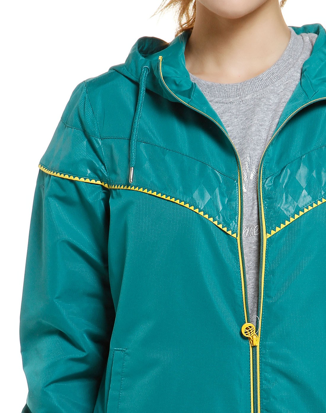 女款蓝绿色连帽长袖外套 个性大方