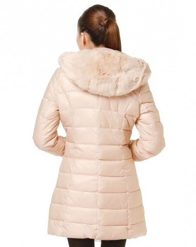 浅藕粉色连帽拉链简洁中长款长袖棉服