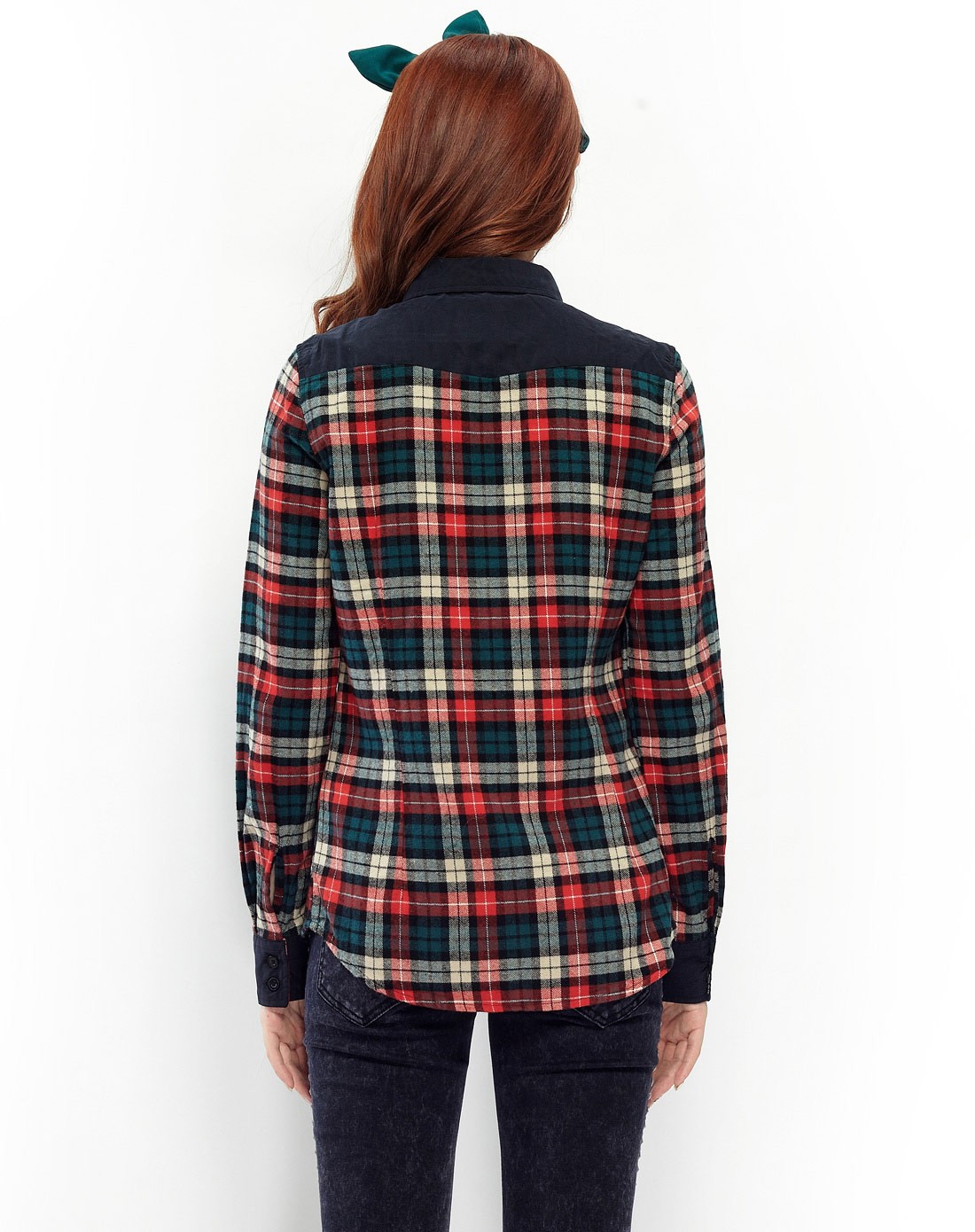 女款墨绿拼接格子长袖衬衫