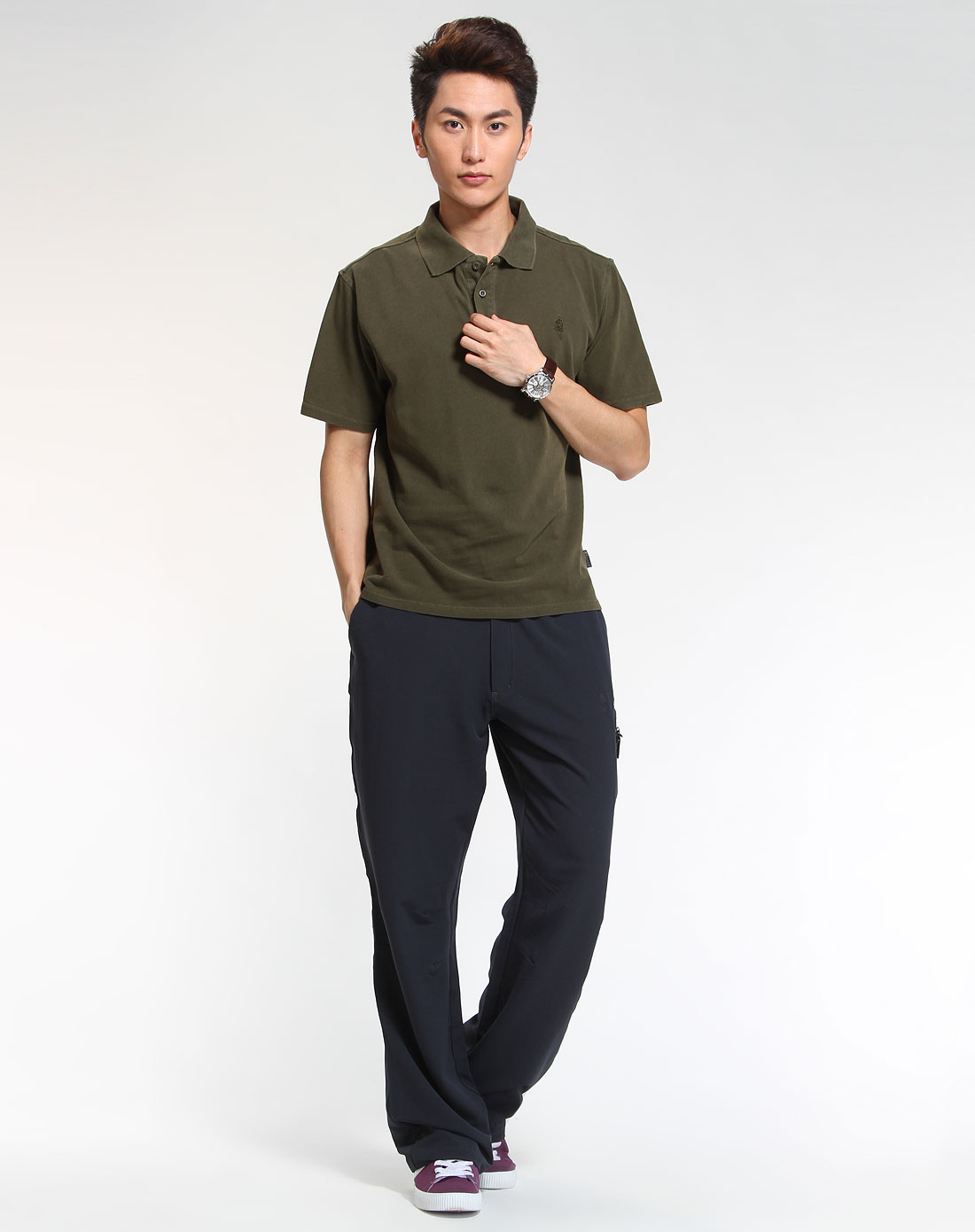 深橄榄色时尚短袖polo衫-唯品会