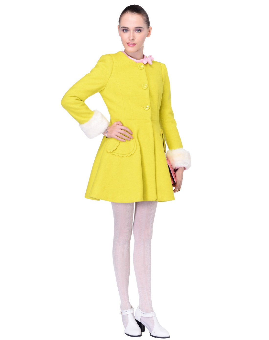 女黄色中长款毛呢外套
