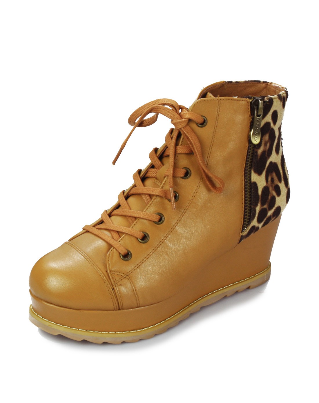 杏色牛皮配个性花绒布内增高女鞋