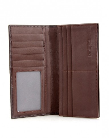 男士浅啡色牛皮编织纹长款三折票夹