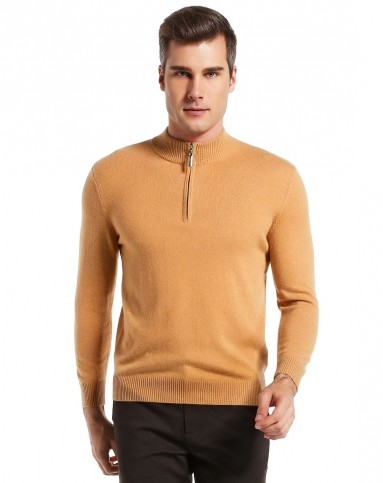 男款黄褐色怀旧简约长袖100%山羊绒衫